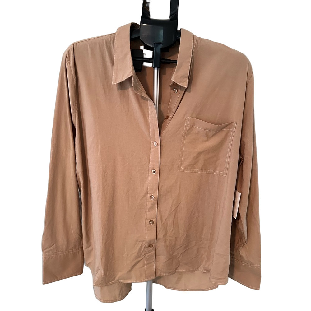 NWT ELLEN TRACY CAMEL BROWN BUTTON DOWN LONG SLEEVE TOP
